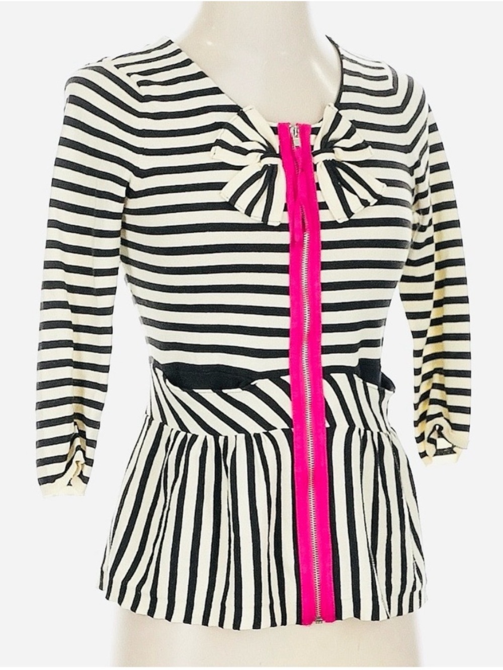 Anthropologie Moth Black & White Striped Peplum Bow Cardigan Cottagecore Size XS